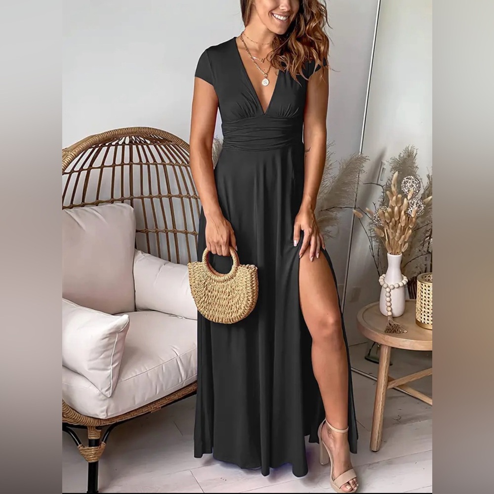 Elegant Black Maxi Dress Elegant Deep V-Neck Formal party dress sexy slit